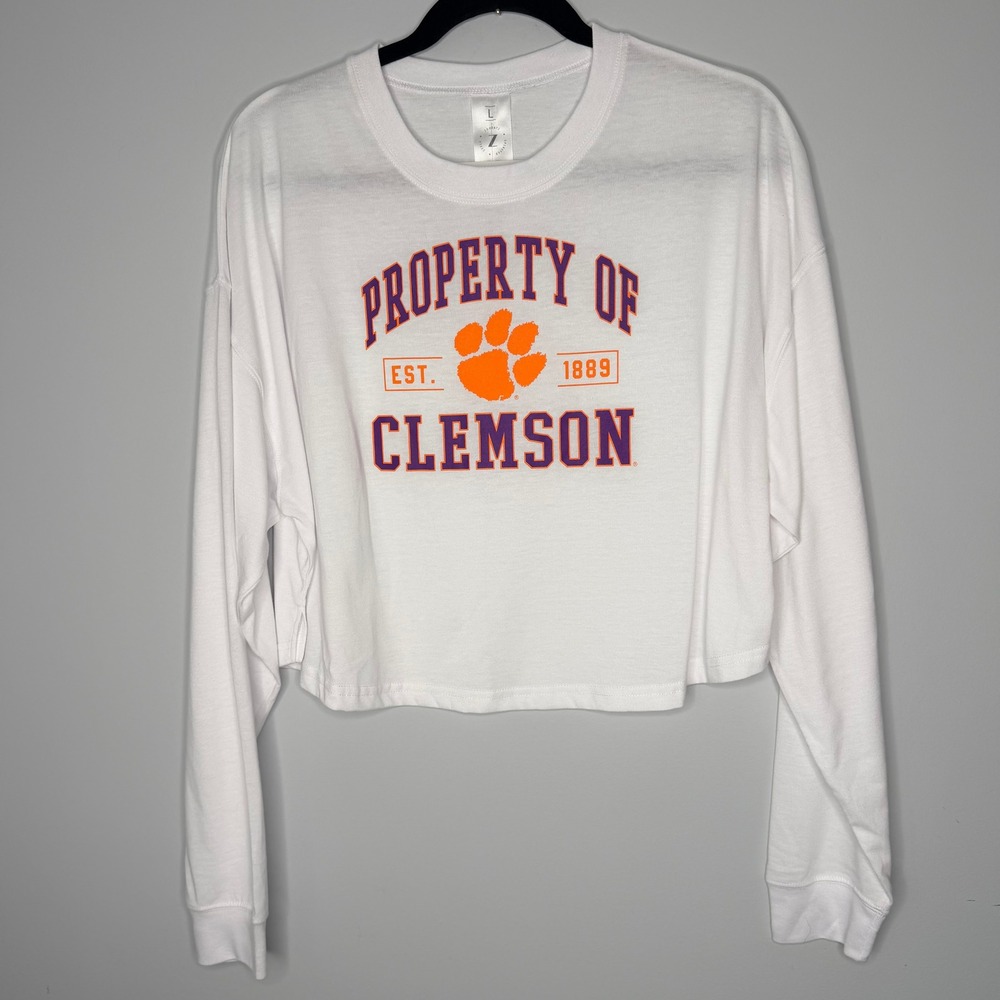 Clemson Tigers Womens Large White Cropped Long Sleeve T-Shirt NWT